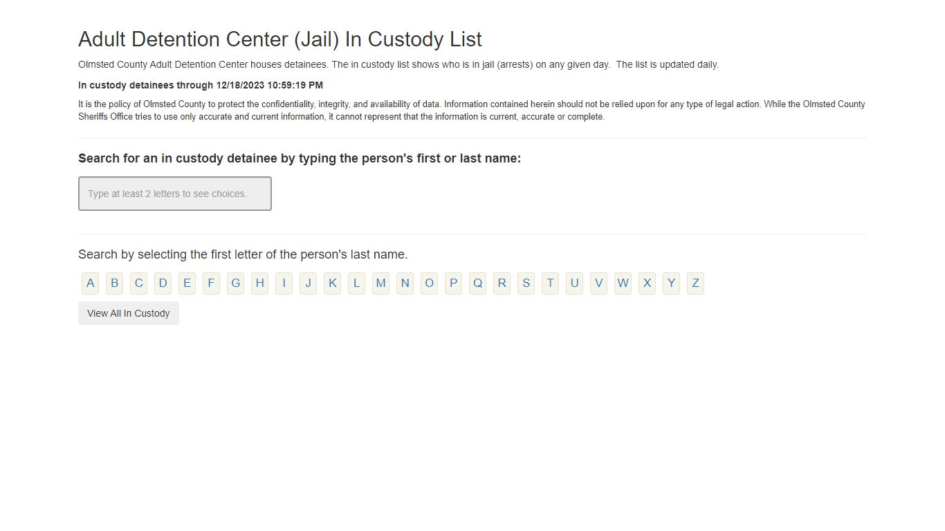 Adult Detention Center (Jail) In Custody List